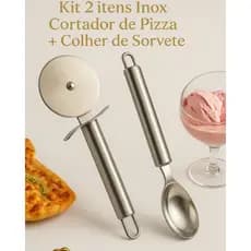 Cortador de Pizza + Colher de Sorvete Inox Kit 02 Peças - Fatiador de Pizza Utensílios de Cozinha