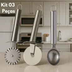 Kit 3 Peças Inox: Cortador de Pizza, Cortador/Carretilha de Pastel e Colher de Sorvete Para Cozinha
