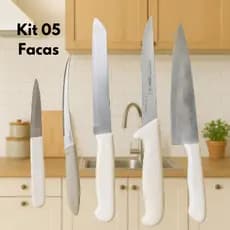 Kit com 5 Facas, Peixeira, Desossar, Pão, Filetar e Legumes