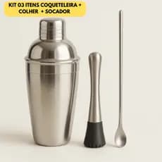 Kit Bartender/Barman 750ml Inox Profissional 03 Peças - Coqueteleira, Socador, e Colher Bailarina