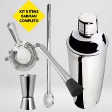 Kit Barman Completo Inox Profissional 5 Peças - Coqueteleira, Socador, Dosador, Colher e Coador