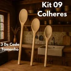 Kit 09 Itens Colher de Pau / Madeira Para Cozinha Com Cabo Liso - 3 de 32cm + 3 de 26cm + 3 de 24cm.