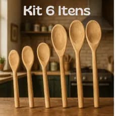 Kit 06 Itens Colher de Pau / Madeira Para Cozinha Com Cabo Liso - 3 de 32cm + 3 de 24cm