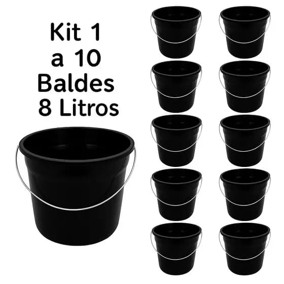 Kit 1 a 10 Baldes Plástico Preto 8 litros