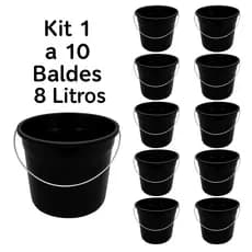 Kit 1 a 10 Baldes Plástico Preto 8 litros