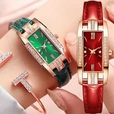 Relógios Retro Femininos Moda Quadrado Damas Quartz Relógio Imitação Couro Verde Discador Simples Luxo