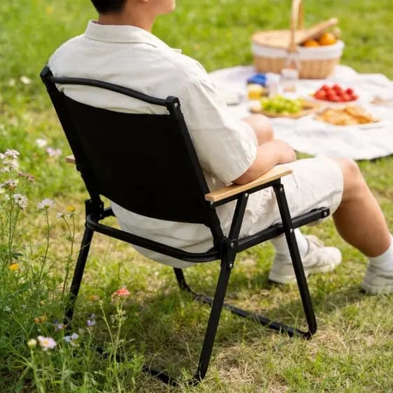 Cadeira Portátil Camping Dobrável Braço Madeira Conforto Assento Descanso Sentar Camping Praia