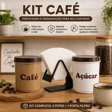 Kit Cantinho do Café Moderno Porta Filtro + Potes Café e Açúcar Organizador de Bancada Decorativo