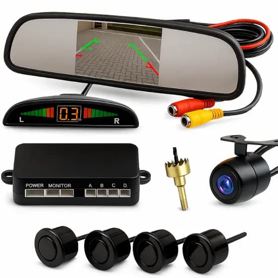 Kit Retrovisor Câmera de Ré Sensor Estacionamento Estacionar Carro Automotivo Preto 18mm Completo