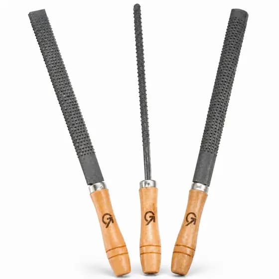 Kit Jogo 3 Limas Grosa 8" Madeira Profissional Chata Redonda Meia Cana Cabo Madeira Desbaste Marceneiro Carpintaria Alta