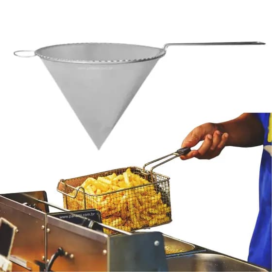 Coador de Oleo Metal 16cm GRANDE - Peneira Fina Cônica Cone Chinoy Chinoa Chinoá Coar Óleo Fritura Caldo Cana - PANAMI