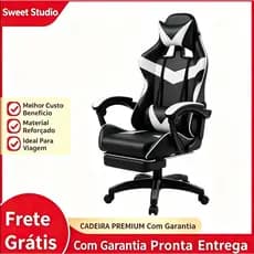 Cadeira Gamer Ergonômica Com Apoio De Pés Travesseiro Lombar Couro Sintético Premium Reclinação