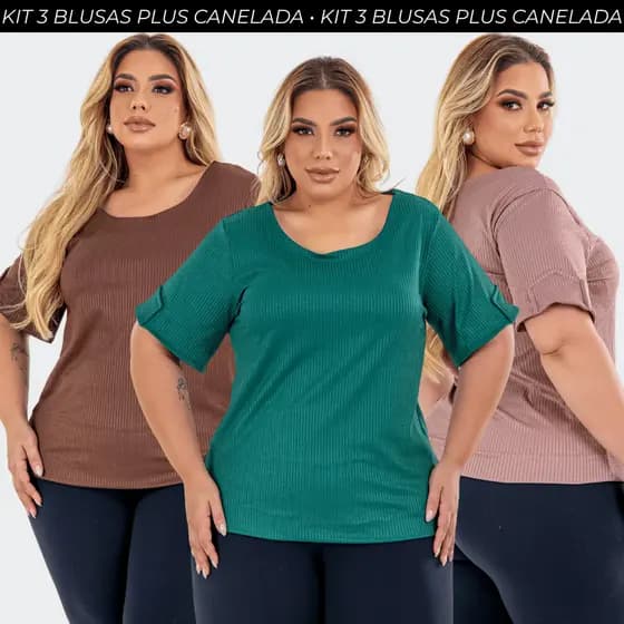 Kit 3 Blusas Plus Size Camisa Feminina Canelada Ribana Lycra Casual