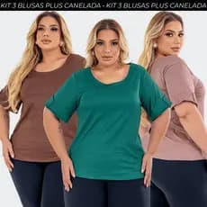 Kit 3 Blusas Plus Size Camisa Feminina Canelada Ribana Lycra Casual