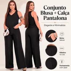 Conjunto Feminino Pantalona Blusa Regata Decote Moda Casual Elegante Social Dia a Dia