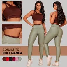 Conjunto de Academia Feminino Top Nula Manga Calça Zero Transparência Moda Fitness