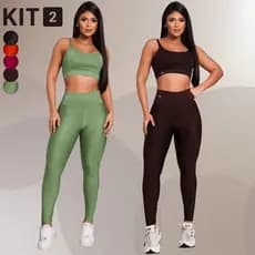 Kit 2 Conjuntos Fitness Feminino Top e Legging Cintura Alta Suplex Strong Dry Fit