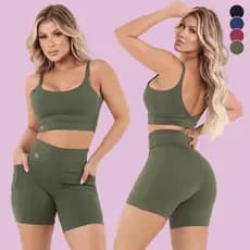 Conjunto Fitness Bermuda com Bolso e Top de Alça Poliamida Zero Transparência