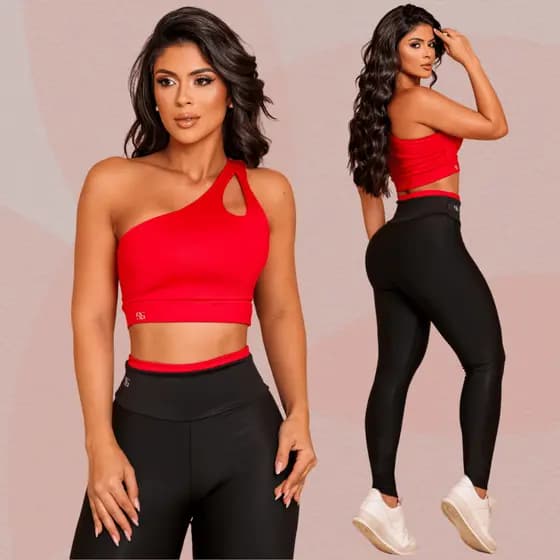 Conjunto Fitness Feminino Modelador Top Um Ombro Só + Calça Legging Suplex Zero Transparência