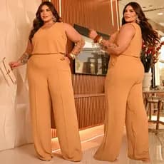 Conjunto Feminino Plus Size Calça Wide Leg Alfaiataria Social Cavada Elegante