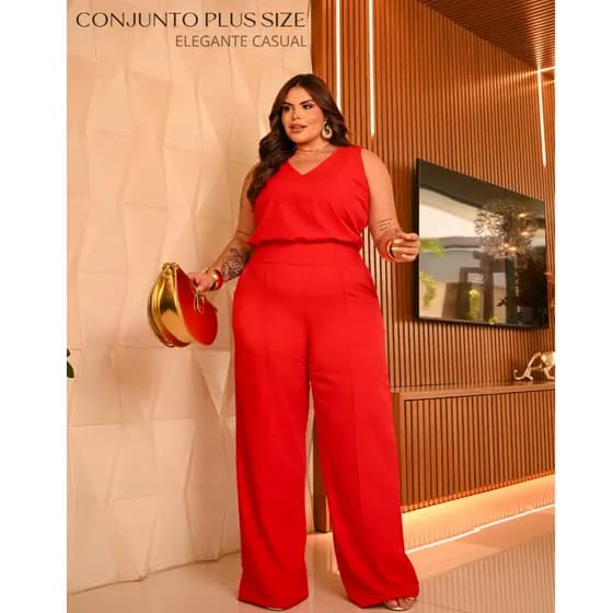Conjunto Feminino Plus Size Calça Pantalona e Regata Casual Elegante Despojado e Versátil