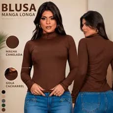 Blusa Canelada Feminina Gola Alta Cacharrel Manga Longa Frio Inverno Elegante