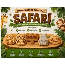 kit 5 cortador + 5 carimbo marcador / molde tema Safari para biscoitos, pasta americana, massinha, infantil
