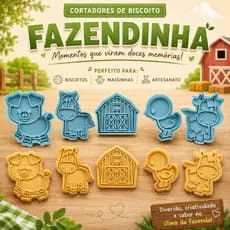 Kit Cortadores Fazendinha 5 cortador 5 carimbos Peças para Biscoitos, Massinhas e Artesanato