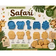 Kit 5 cortadores e 5 carimbos marcadores tema Safari para biscoitos, pasta americana, lembrancinha