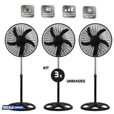 Kit 3 Ventilador de Pé 220v Preto Metal Pintura Anticorrosiva Silêncioso Turbo Regulável - Lançamento 2025