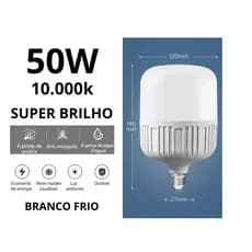 Lâmpada LED 50W 10.000K Super Brilho Intenso áreas Externas Galpões Depósitos Shopping – Luz Branca Fria Potente