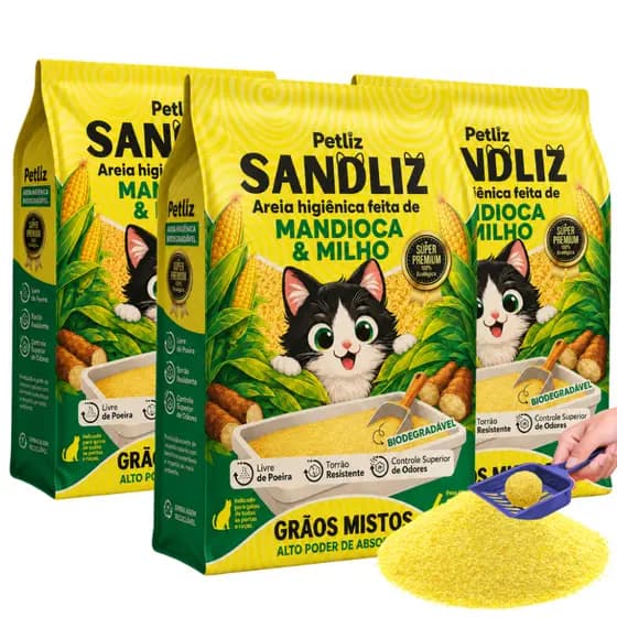 Kit 3 Areia Sanitária Higiênica Natural Premium Grãos Mistos Milho Mandioca Gato Sandliz Petliz 4 kg