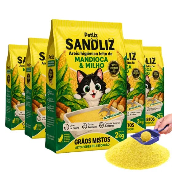Kit 5 Areia Sanitária Higiênica Natural Premium Grãos Mistos Milho Mandioca Gato Sandliz Petliz 2 kg