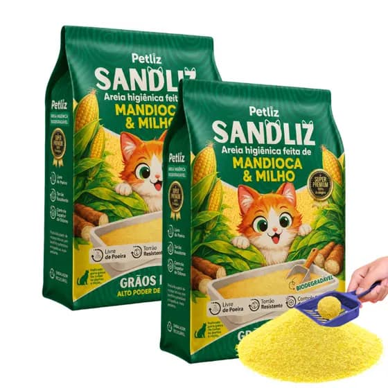 Kit 2 Areia Sanitária Higiênica Natural Premium Grãos Finos Milho Mandioca Gatos Sandliz Petliz 2 kg