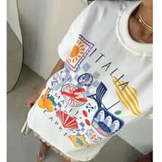 Camiseta Feminina T-shirt Estampada 100% Algodão Fio 30.1 Tee Verão Mar Bahia