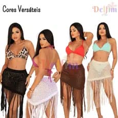 Saia Saída de Praia Franja Tricot Assimétrica Moda Feminina Crochê Beach Verão