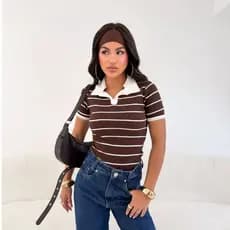 Blusa Polo Listrada Canelada Feminina Listra Gola Sueter Moda Casual Básica Fashion