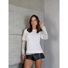 Blusa Feminina com Renda Manga Longa Camiseta 100% Algodão Confortável Estilosa