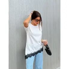 T Shirt Feminina 100% Algodão com Renda Branca Barra Assimetrica Tee Camiseta Feminina