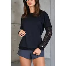 Camiseta Renda Manga Longa Inverno 100% Algodão Moda Feminina Blusa