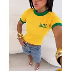 Camiseta Feminina Brasil Canelada Ribana Premium Tamanho Único Copa do Mundo Torcedora