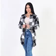 Casaco Feminino Xadrez Cardigan Blusa de Frio Confortável Inverno Tricot