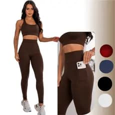 Conjunto Feminino Fitness Top e Legging Cintura Alta Suplex Grosso Academia