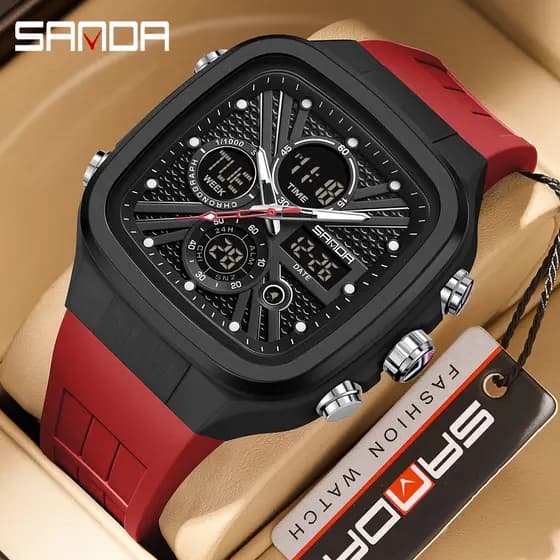 Sanda 6387 Legal Duplo Display Relógio À Prova Dwaterproof Água Despertador Multifuncional Pulseira De Borracha Moda Mas