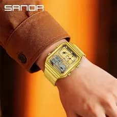 SANDA 6385 Venda Quente LED Eletrônico Quadrado Masculino Juventude Casual Multi-Função Termômetro Cronômetro Cronógrafo