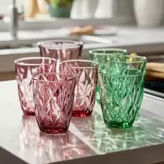 Conjunto de 6 copos de diamante copos de vidro vintage de 280 ml Jogo de copos coloridos de vidro em relevo elegante