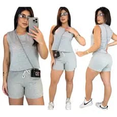 Conjunto Feminino Cropped Regata + Shorts Moletom Algodão Confortável