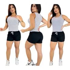 Conjunto Feminino Blusa listrada Regata Ribana e Short Moletom blusinha super confortável de algodão