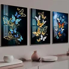 Kit 3 Peças Quadros Decorativos Mosaico Mdf Borboletas Coloridas Abstrato Para Quarto Sala