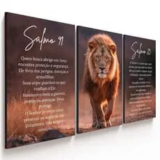 Quadros Decorativos Salmo 23 e 91 Leão Fé e Força Quadro Religioso Cristão Motivacional Deus Proteção
